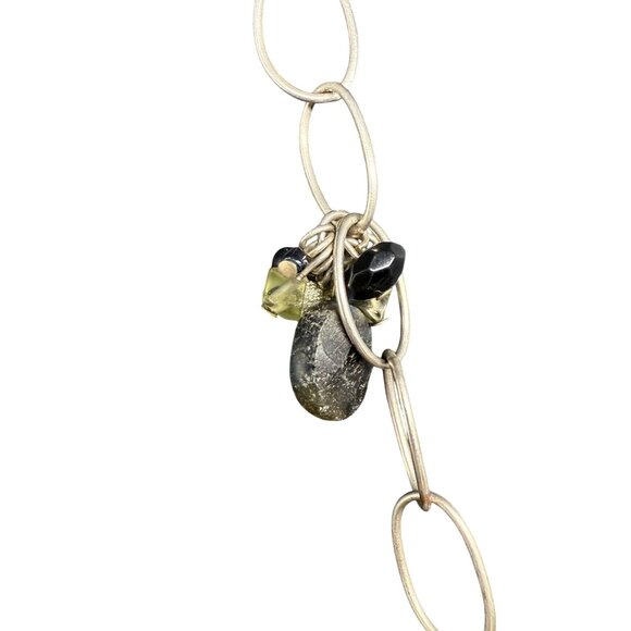 Black Beaded Green Crystal Station Charms Chain Long Necklace Silver Tone - Picture 7 of 8